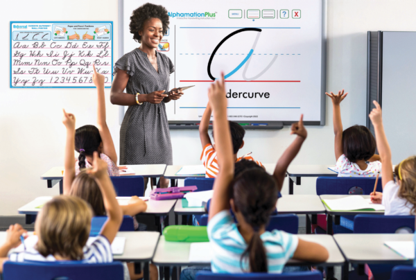 AlphamationPlus-Classroom-Whiteboard-Students-Raising-Hands-Cursive-A-600x404 Cursive Handwriting Foundations Training