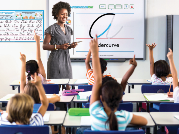 AlphamationPlus-Classroom-Whiteboard-Students-Raising-Hands-Cursive-A-600x450 Cursive Handwriting Foundations Training